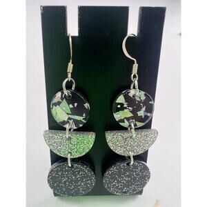 Handmade Earrings Dangle Circle Glitter Sparkle Holiday New Year Eve Plastic New